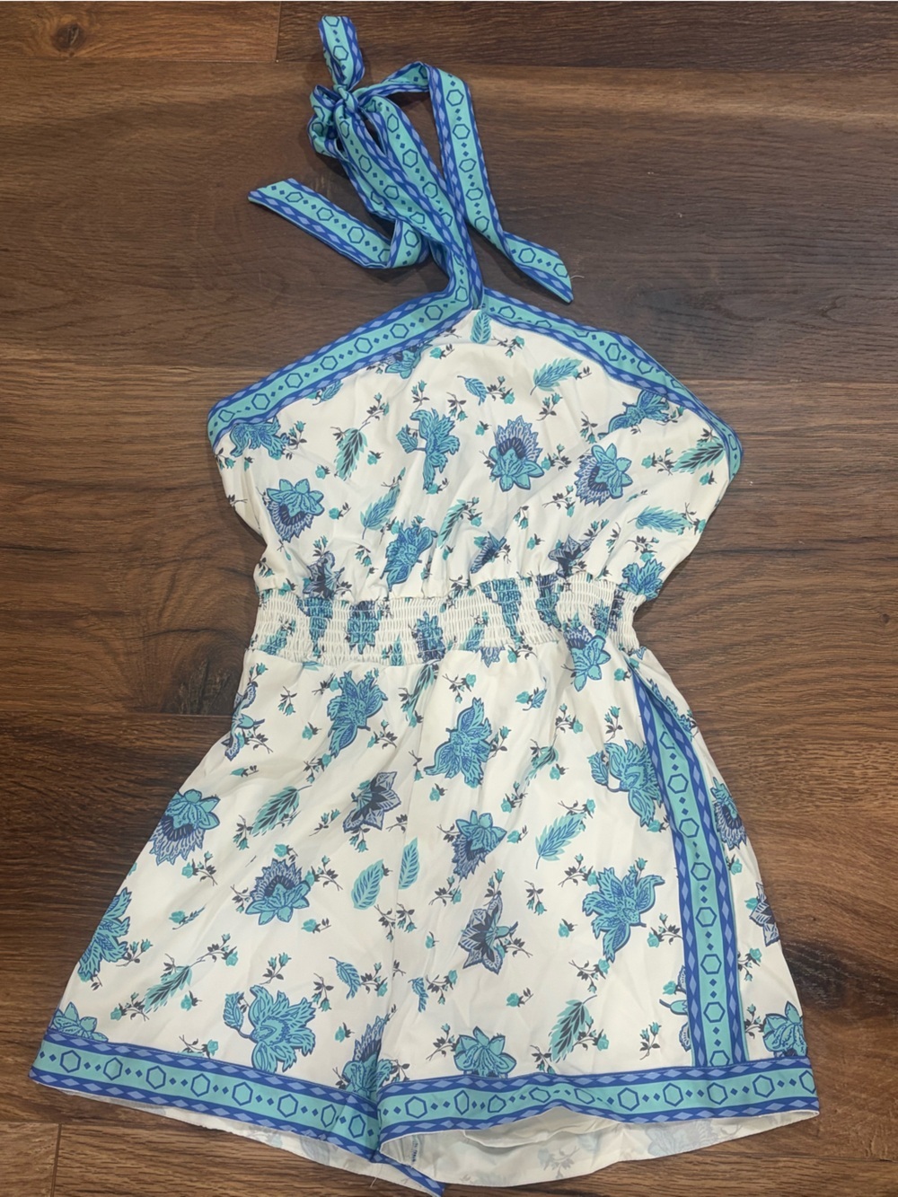 SHEIN White Halter Floral Romper with Blue Trim